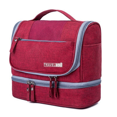 Compact unisex hanging travel toiletry organizer with spacious compartments for essentials.