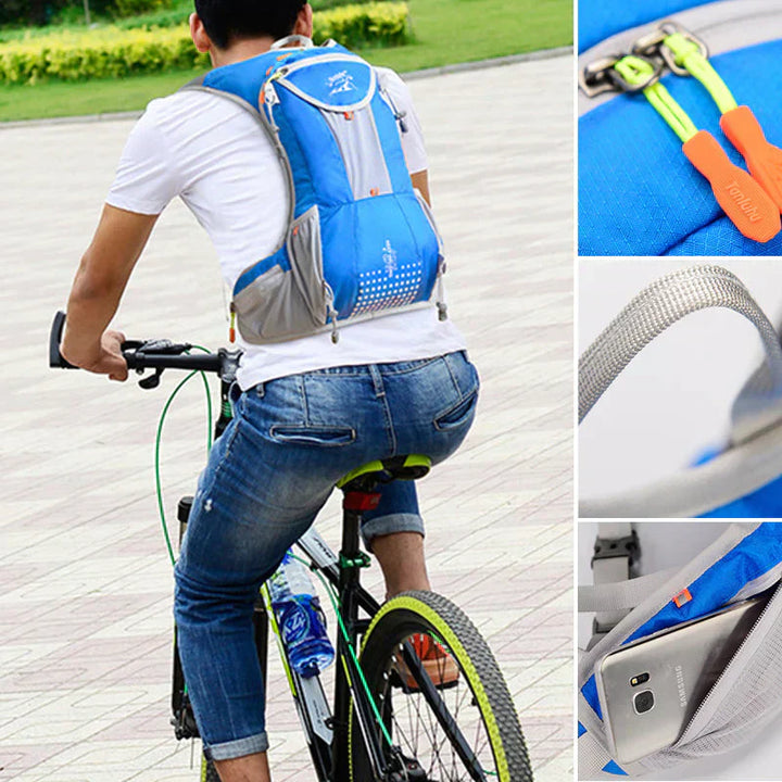 Hydration backpack for hiking, cycling & outdoor adventures, includes a 68 fl oz water bladder.