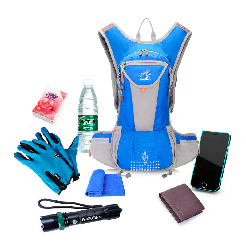 Cyclist wearing a lightweight hydration pack with 68 fl oz bladder, ready for an adventure.