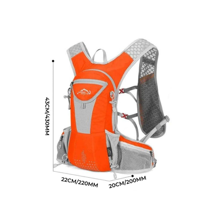 Hiker with unisex hydration backpack, 68 fl oz bladder, enjoying the outdoor trail.