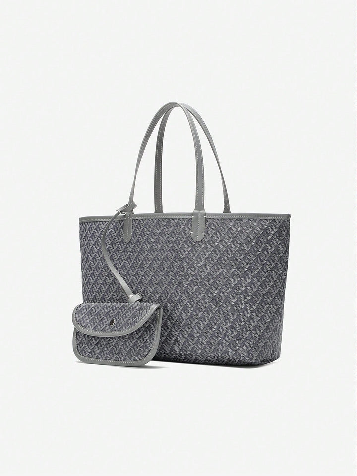 Spacious minimalist shoulder tote, lightweight fabric, comfortable for extended wear.