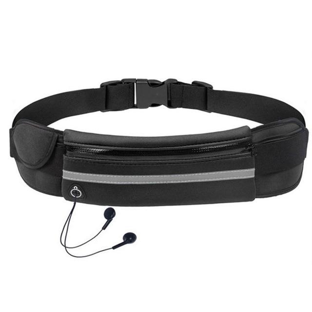 Unisex waterproof running belt in use, securely holding phone & essentials during a vigorous workout.
