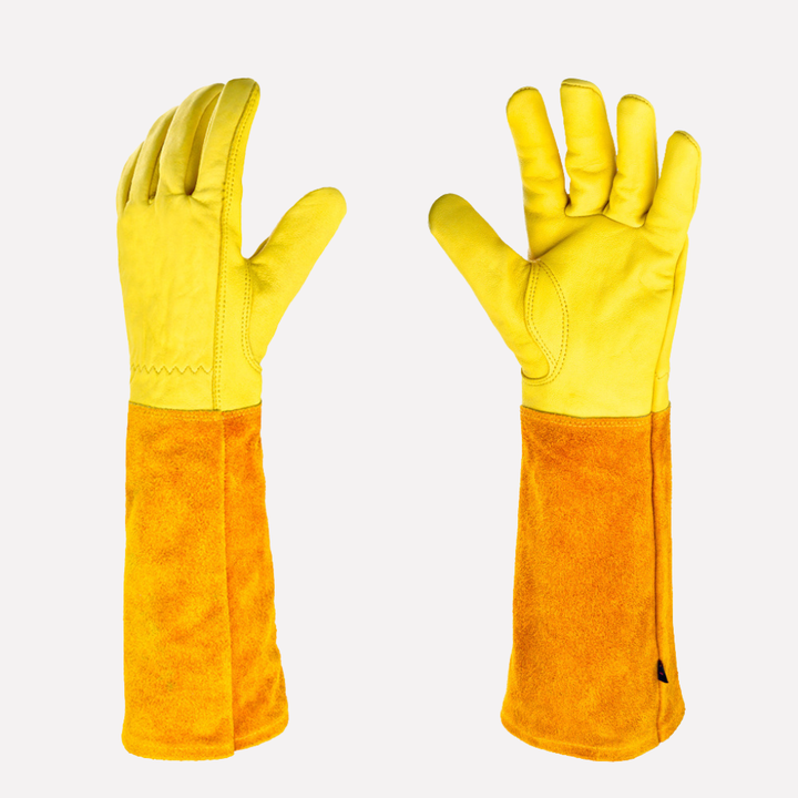 Green, pink & yellow long gardening gloves for superior arm protection. Ideal for planting, pruning, and digging tasks.