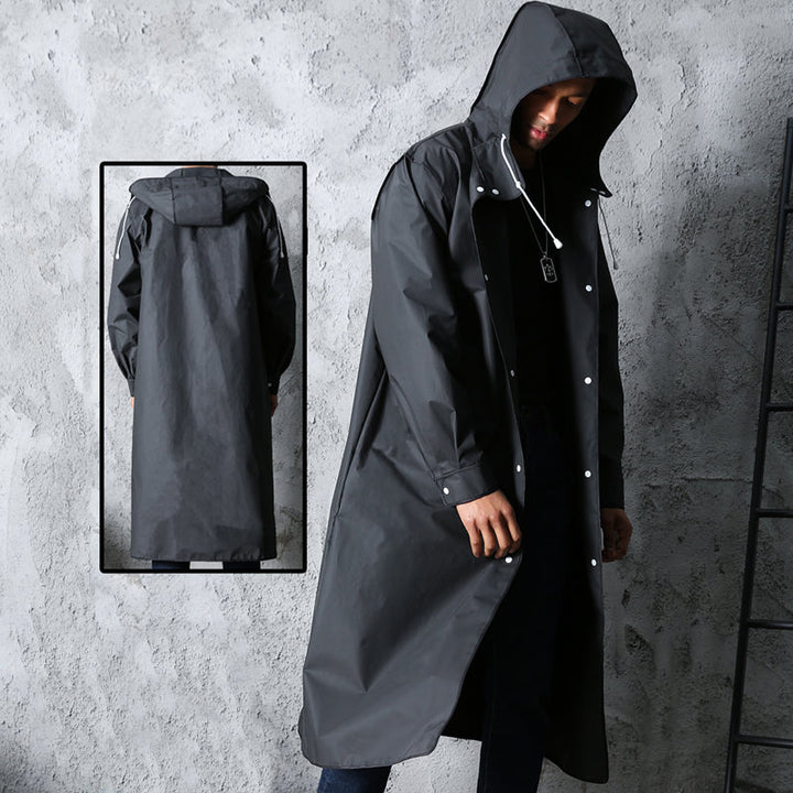 Protective, hooded long raincoat for men & women. Versatile, waterproof rainwear for travel and outdoor activities.