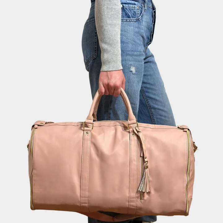 Premium vegan leather travel duffel bag, convertible garment bag. Unisex, compact, and stylish for modern travelers.