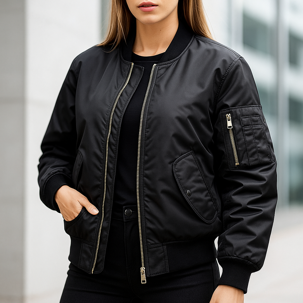 Military green MA-1 bomber jacket, a unisex lightweight outerwear for casual fall & spring urban style.