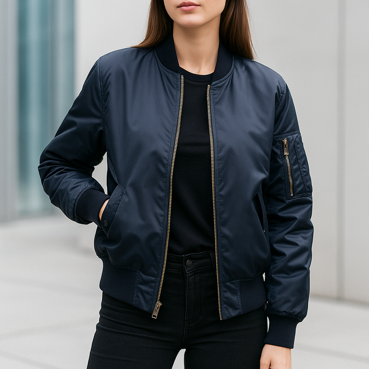 Black MA-1 bomber jacket; unisex, lightweight outerwear for urban style, ideal for spring and fall.