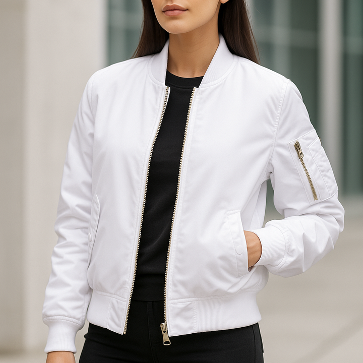 White MA-1 bomber jacket, a unisex lightweight casual outerwear, perfect for spring & fall urban fashion.