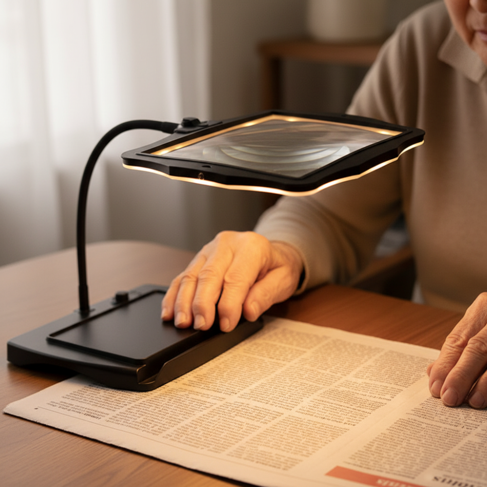 Adjustable magnifying lamp with LED light, perfect for hobbyists, crafters, and detailed reading. Flexible gooseneck.