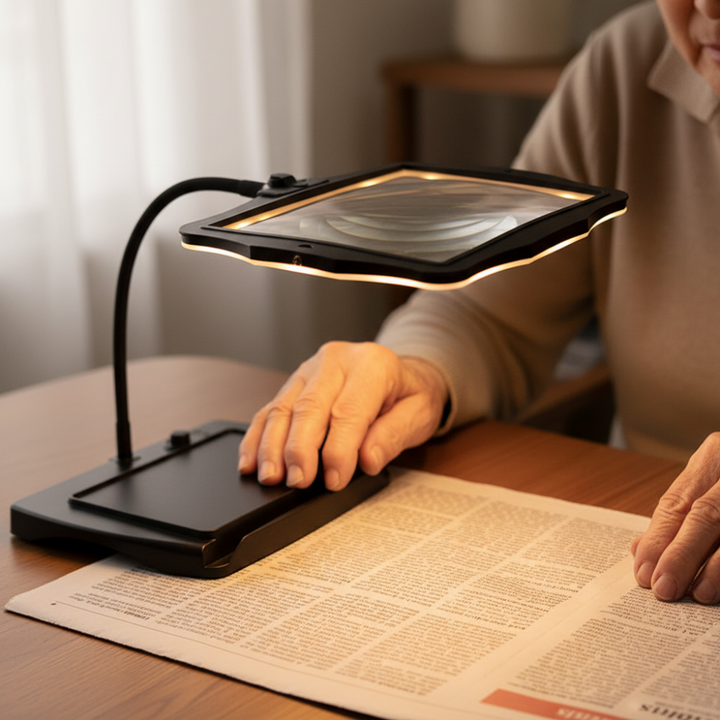 Adjustable magnifying lamp with LED light, perfect for hobbyists, crafters, and detailed reading. Flexible gooseneck.