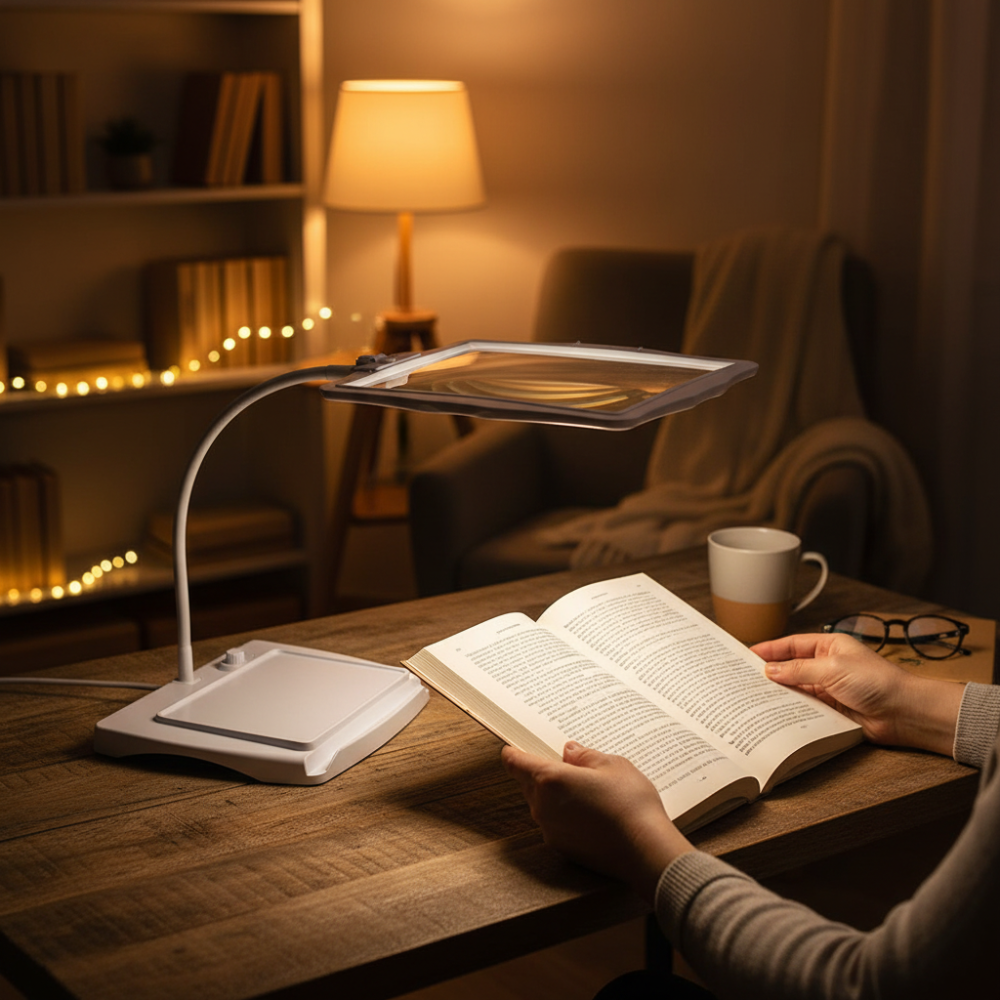 Rechargeable LED desk lamp with large magnifier lens and flexible gooseneck, ideal for close-up tasks & vision aid.