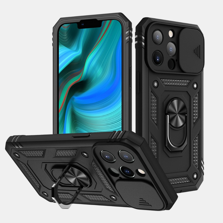 Rugged armor phone case with built-in kickstand & card holder for convenience. Ultimate shockproof device protection.