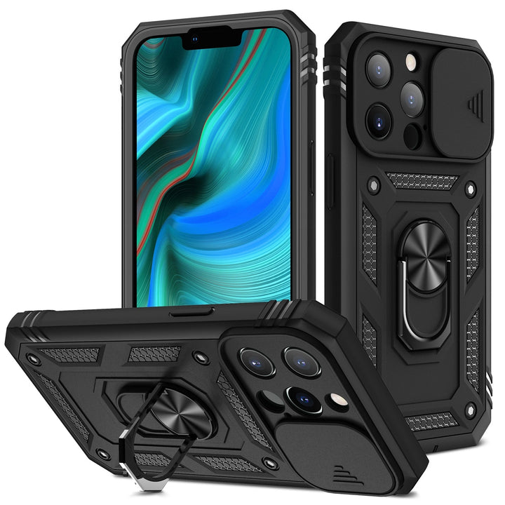 Ultimate 360° protective armor phone case with integrated kickstand & card holder for full device protection.