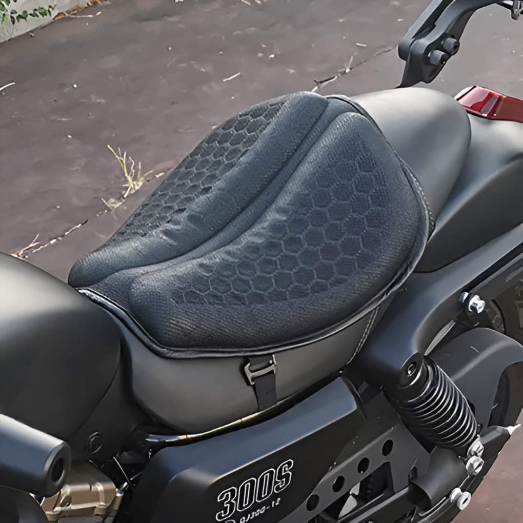 Breathable, non-slip motorcycle gel seat cushion. Improves comfort for long road trips & daily bike commutes.