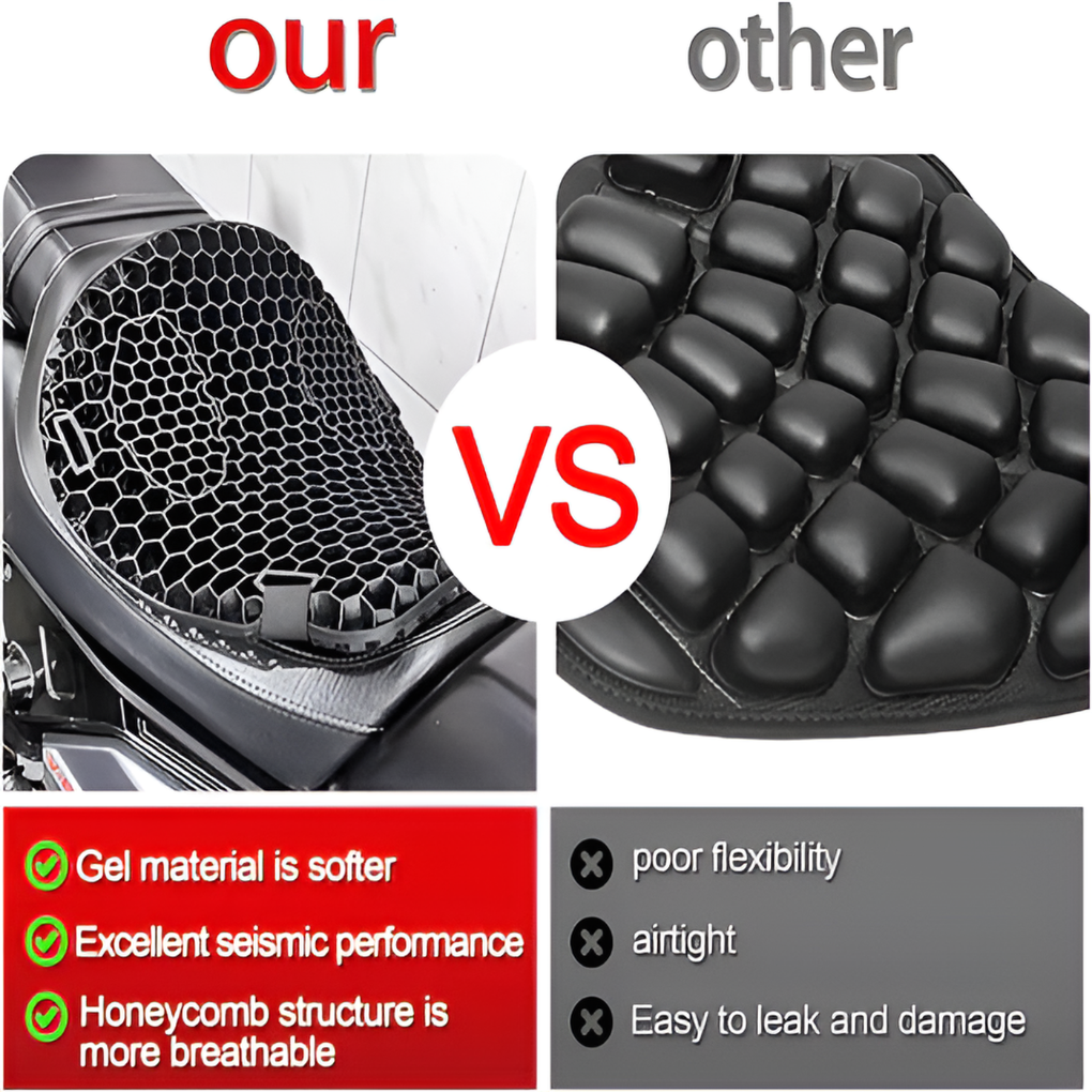 Motorcycle rider gel seat pad for long rides. Offers non-slip stability, breathability, and ultimate comfort.