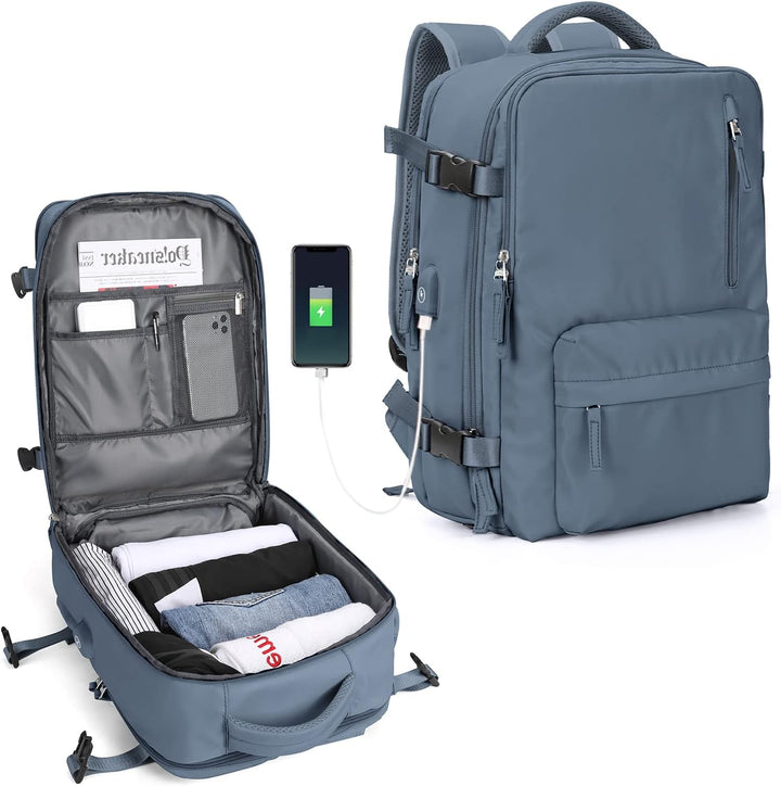 Spacious multi-compartment travel bag for laptops, chargers, and personal items.