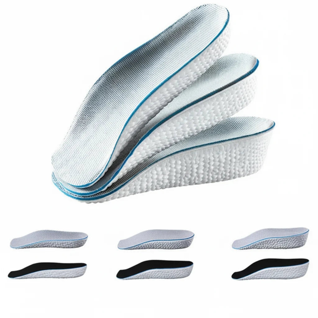 Unisex height-boosting insoles with ergonomic design for posture, comfort, & support.
