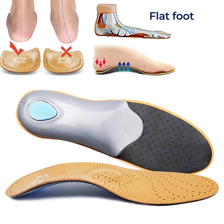 "Unisex orthopedic leather shoe insole with shock absorption, arch support, and moisture-wicking for foot pain relief."