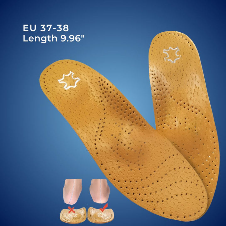 "Unisex orthopedic leather shoe insole with shock absorption, arch support, and moisture-wicking for foot pain relief."