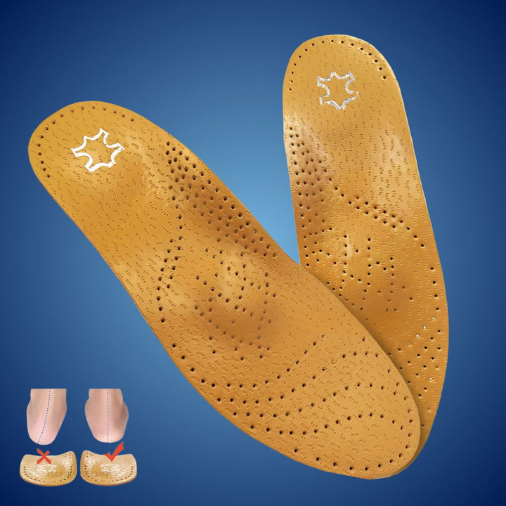 "Unisex orthopedic leather shoe insole with shock absorption, arch support, and moisture-wicking for foot pain relief."