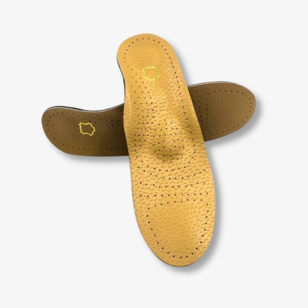 "Unisex orthopedic leather shoe insole with shock absorption, arch support, and moisture-wicking for foot pain relief."