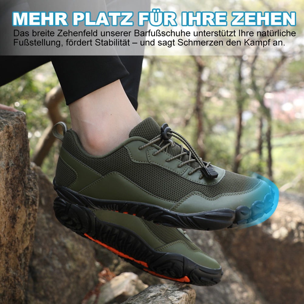 Black minimalist barefoot shoes with flexible sole, ideal for natural walking & pain relief.