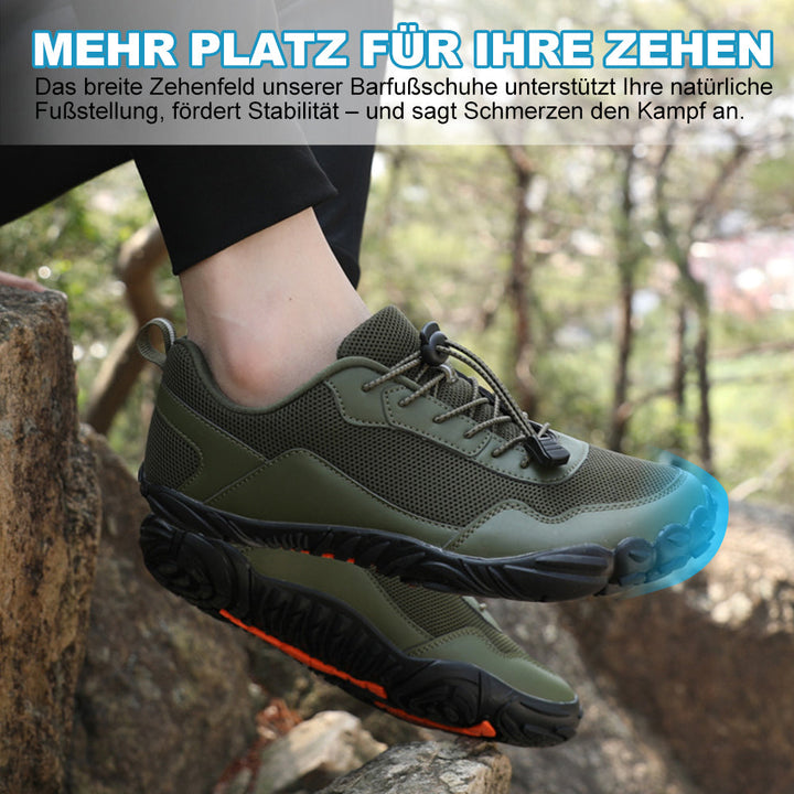 Black minimalist barefoot shoes with flexible sole, ideal for natural walking & pain relief.