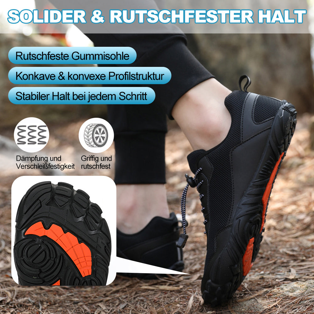 Stylish black unisex barefoot shoes, offering pain relief & waterproof protection for daily wear.
