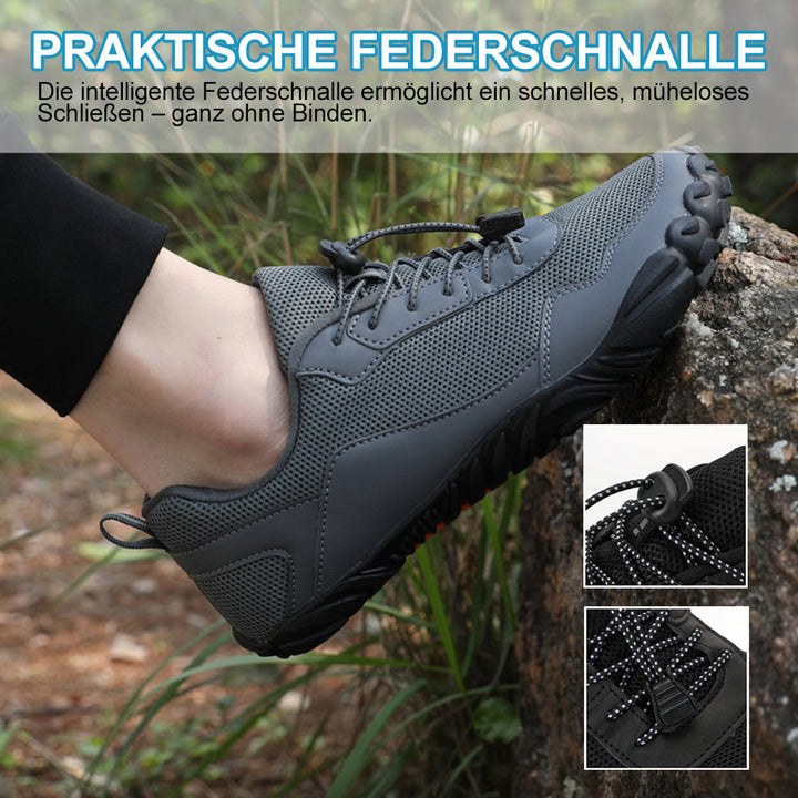 Side view of black unisex waterproof barefoot shoes, highlighting flexible sole & comfort design.