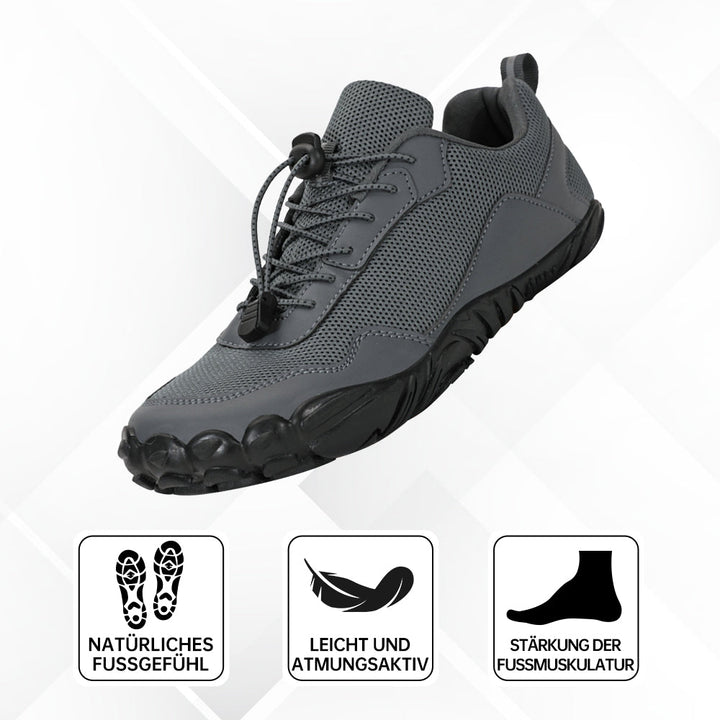Unisex waterproof barefoot shoes worn, showing comfortable, flexible fit for natural, pain-free walking.