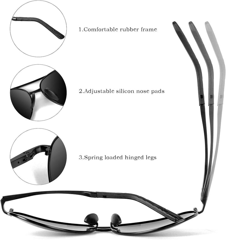 Durable metal frame polarized aviator sunglasses for men & women, with UV & glare protection.