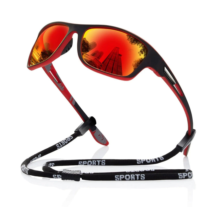Red, blue, or black unisex polarized sports sunglasses; perfect lightweight eyewear for active outdoor adventures.