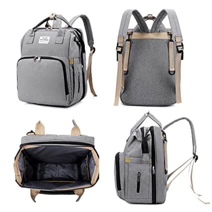 Practical newborn baby gear: a multi-function travel backpack with a portable bed and changing area.