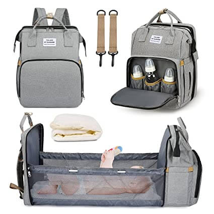 Essential baby gear: multifunction portable baby bed and diaper bag travel backpack for parents.