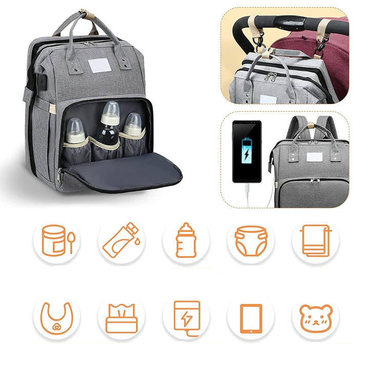 Unisex portable baby bed & travel backpack, doubles as a nappy bag with changing station.