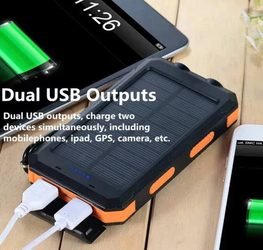 "Unisex portable solar power bank with IP67 waterproof, dual USB output, sleek design, ideal for outdoor adventures."