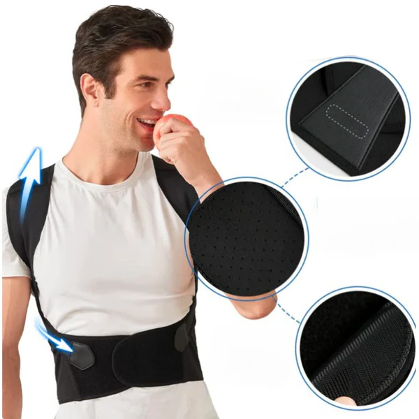 Comfortable, adjustable posture brace for men & women, providing ergonomic back & neck support for better posture.