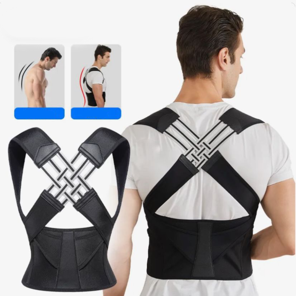 Ergonomic back & shoulder brace provides instant posture correction. Adjustable support for men & women, discreet under clothes.