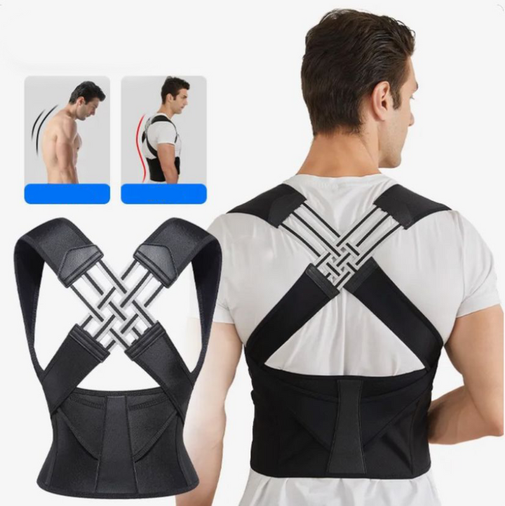 Ergonomic back & shoulder brace provides instant posture correction. Adjustable support for men & women, discreet under clothes.