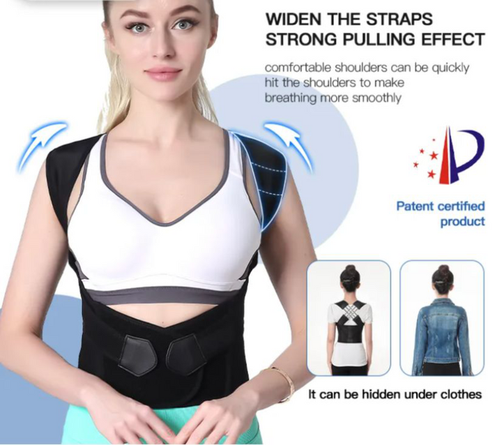 Adjustable posture aid & shoulder brace for unisex daily wear. Provides ergonomic back support & pain relief, discreet fit.