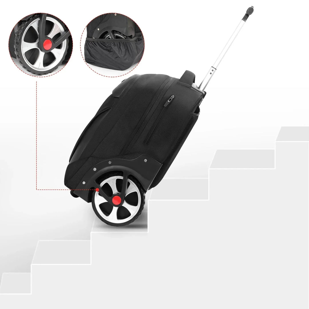 Unisex rolling laptop backpack for business travel, carry-on size.