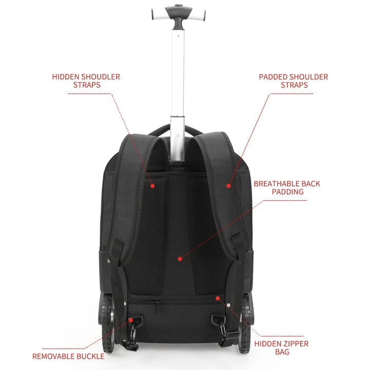 Multifunctional trolley backpack, ideal for business trips, school, or weekend travel.