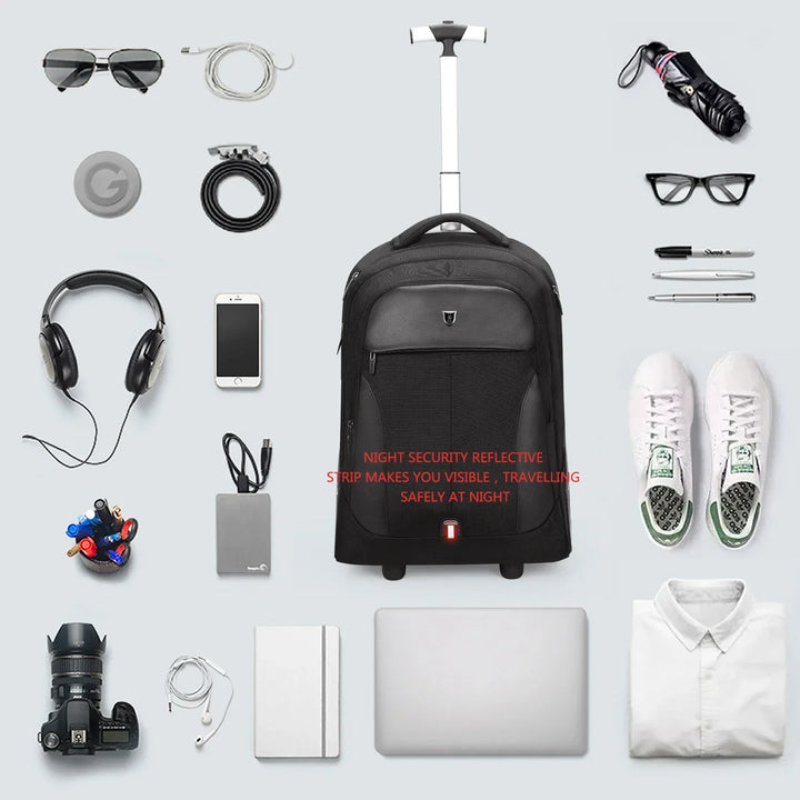Stylish unisex rolling backpack, spacious and durable for daily commute or travel.