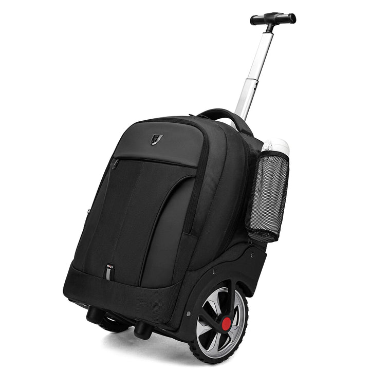 Carry-on rolling laptop backpack for easy travel, fits overhead compartments.