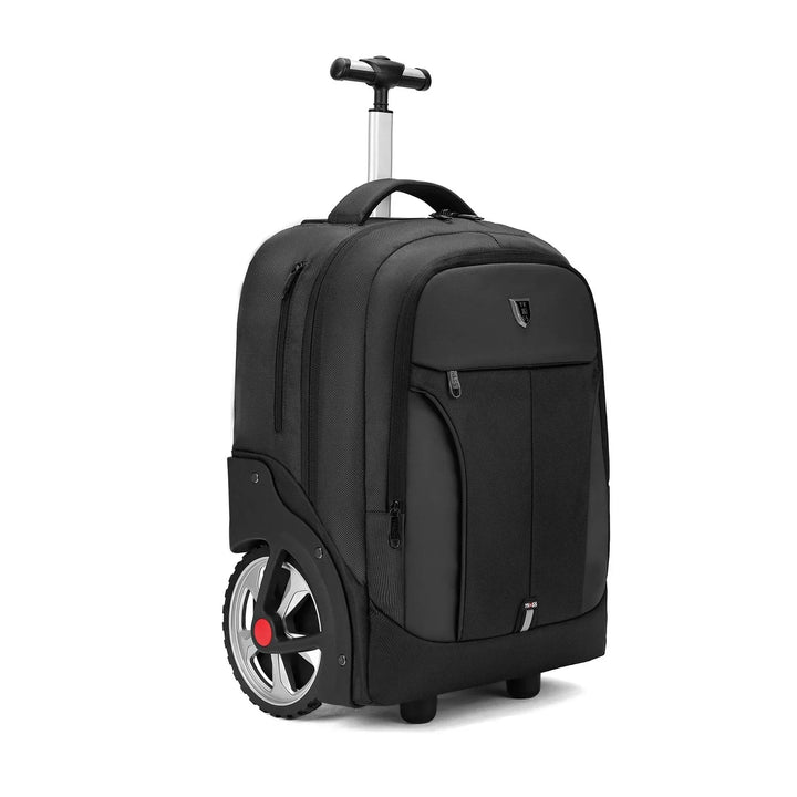 Versatile rolling backpack with wheels & shoulder straps, great for business & personal travel.