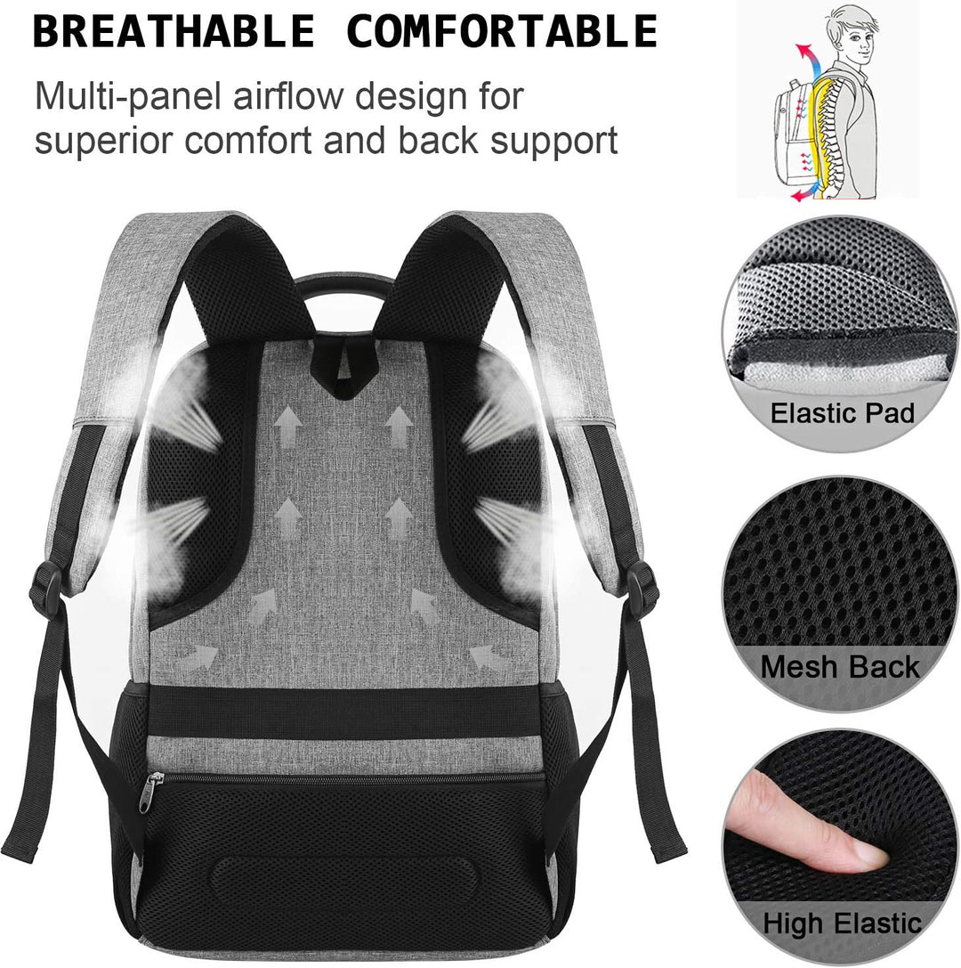 Unisex work backpack with anti-theft protection, USB charging port & organized compartments.