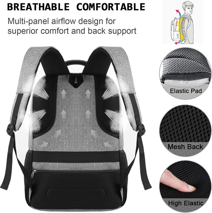 Unisex work backpack with anti-theft protection, USB charging port & organized compartments.