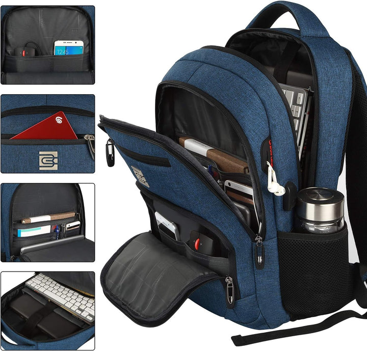 Anti-theft laptop bag, slim design, USB charging functionality, suitable for unisex use.