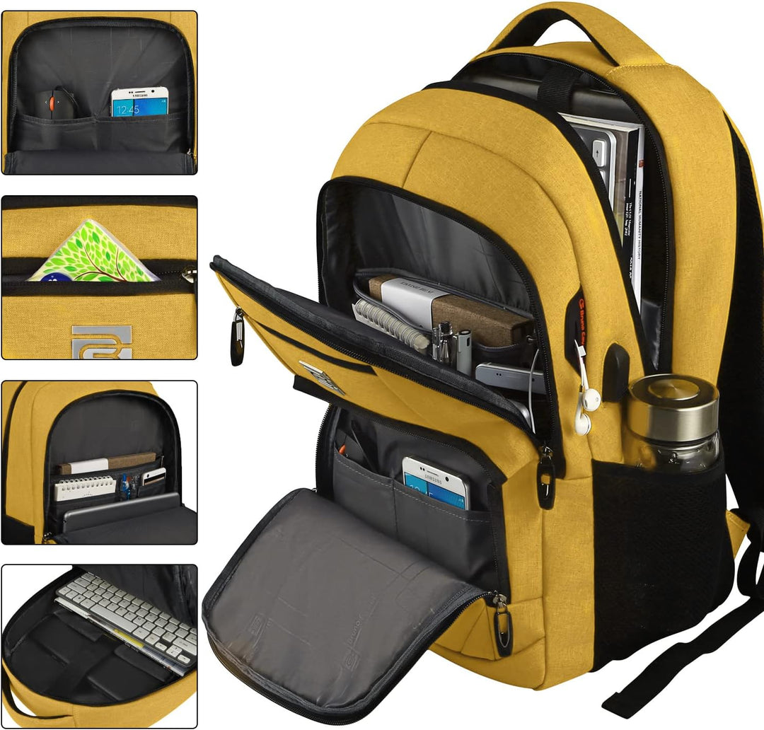 Urban commuter anti-theft backpack, USB charging port, slim profile for easy carrying.
