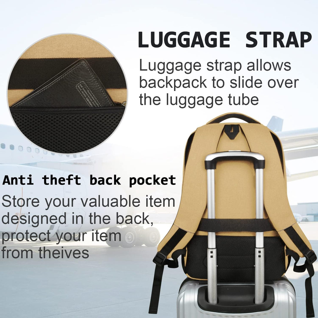 Stylish anti-theft travel backpack, slim profile, fits laptops, with a built-in USB charging port.